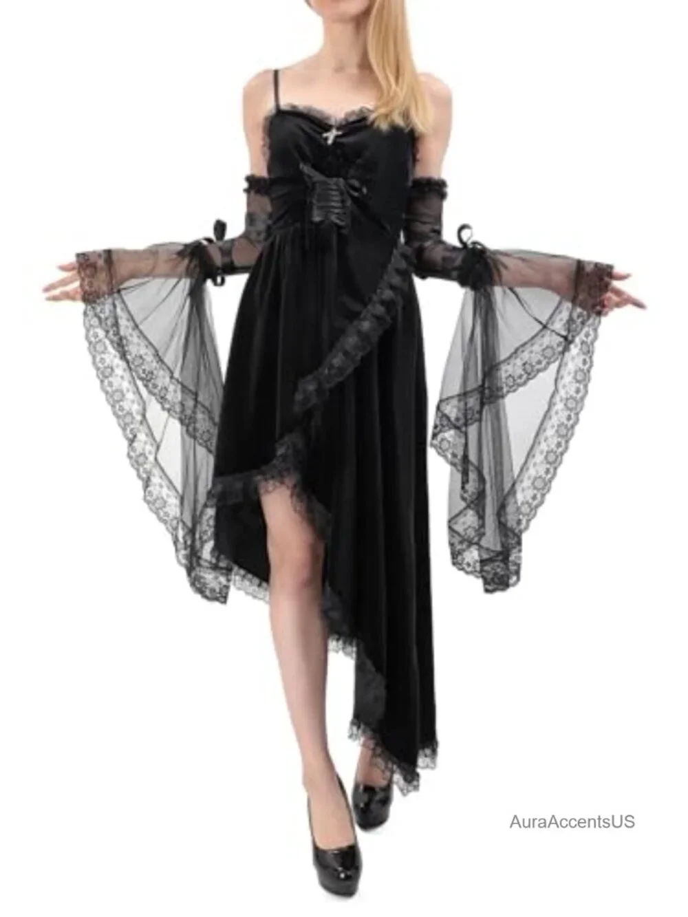 Gothic Detachable Tulle Sleeves Long Black Lace Glove